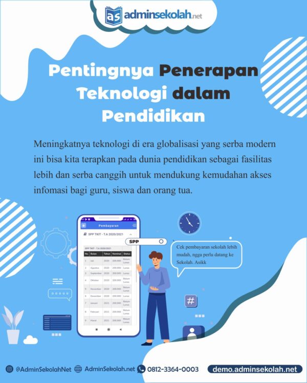 Dalam dunia pendidikan, manfaat teknologi menjadi sangat penting, apalagi jika teknologi dimanfaatkan secara maksimal dan optimal untuk hal-hal yang baik. Pasti pendidikan di Indonesia bisa lebih maju. Poin penting penerapan teknologi bagi pendidikan : 1. Mempermudah Guru dalam Mengajar Dengan adanya teknologi sekarang, guru bisa dengan mudah menyampaikan materi pelajaran dan akan lebih mudah mencapai tujuan belajar. 2. Guru Dapat lebih Kreatif Meski teknologi semakin canggih, tetap saja butuh manusia untuk mengoperasikannya, disini lah kreativitas guru diuji. Guru diharapkan bisa membuat materi yang menarik agar siswa tetap tertarik untuk belajar. Dengan materi yang menarik akan membuat siswa lebih mudah memahami isi materi 3. Memudahkan siswa dan guru untuk mencari informasi Dengan adanya internet, siswa dan guru dapat mencari berbagai macam materi belajar dan informasi untuk memperluas wawasannya secara mudah. 4. Dapat meningkatkan standar sekolah Sekolah yang telah menerapkan teknologi dalam proses pengajarannya tentu akan meningkat pula kualitasnya. Sekolah tersebut akan menjadi sekolah favorit dan menjadi tujuan bagi siswa untuk belajar di sekolah tersebut. Aplikasi adminsekolah.net adalah salah satu aplikasi yang mendukung kemudahan akses informasi bagi siswa maupun guru. Berisi beragam informasi mengenai dunia pendidikan, aplikasi adminsekolah.net juga mendukung integrasi dengan layanan sekolahan secara internal seperti info akademik, nilai ujian, bahkan hingga info pembayaran SPP. Info selengkapnya : - No Telp/SMS : 0812-3364-0003 - WhatsApp : s.id/wa_as - Website : Adminsekolah.net - FP | IG | YT : @AdminSekolahNet #teknologi #pembayaranonline #Indoweb #AdminSekolah #AdminSekolahNet #AplikasiSekolah #AplikasiAdministrasiSekolah #SoftwareSekolah #SistemInformasiSekolah #Sekolah #SekolahIslam #School #Sekolahan #SekolahUnggulan #Pendidikan #Guru #KepalaSekolah #PPDB #Belajar #Pelajar #Siswa #SD #SMP #MTS #SMA #SMK #MA #Indonesia