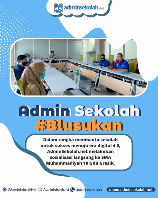 ~Admin Sekolah #Blusukan . Dalam rangka membantu sekolah untuk sukses menuju era digital 4.0, Adminsekolah.net melakukan sosialisasi langsung ke SMA Muhammadiyah 10 GKB Gresik. Di era pandemi sekarang ini, teknologi memang menjadi hal paling penting. Apalagi kini beberapa system pendidikan mulai beralih dari cara konvensional menjadi lebih modern. . Padahal tidak selamanya kita akan berada dalam zona tersebut. Untuk itu software sekolah online mulai diadakan. Di era yang serba canggih dan praktis seperti sekarang ini, menuntut pendidik, peserta didik, juga wali murid untuk tidak gaptek. . Dan software itu ialah Adminsekolah.net , sebuah software sekolah online yang memungkinkan pendidik dan peserta didik untuk tetap berinteraksi. Selain itu di dalamnya juga memuat berbagai fitur canggih. Salah satunya adalah penggunaan real time tanpa dibatasi sistem install, Sebab sistem ini dirancang untuk bisa terkoneksi dengan perangkat apa saja selama masih ada internet. Jadi penggunaanya sangat mudah dan efisien. Memungkinkan pendidik memberi informasi kepada wali murid tentang perkembangan anak mereka. . Nah, tertarik berlangganan Adminsekolah.net ? Coba daftar demo.adminsekolah.net/registrasi aja, nikmati berbagai fitur dan layanannya ! :)