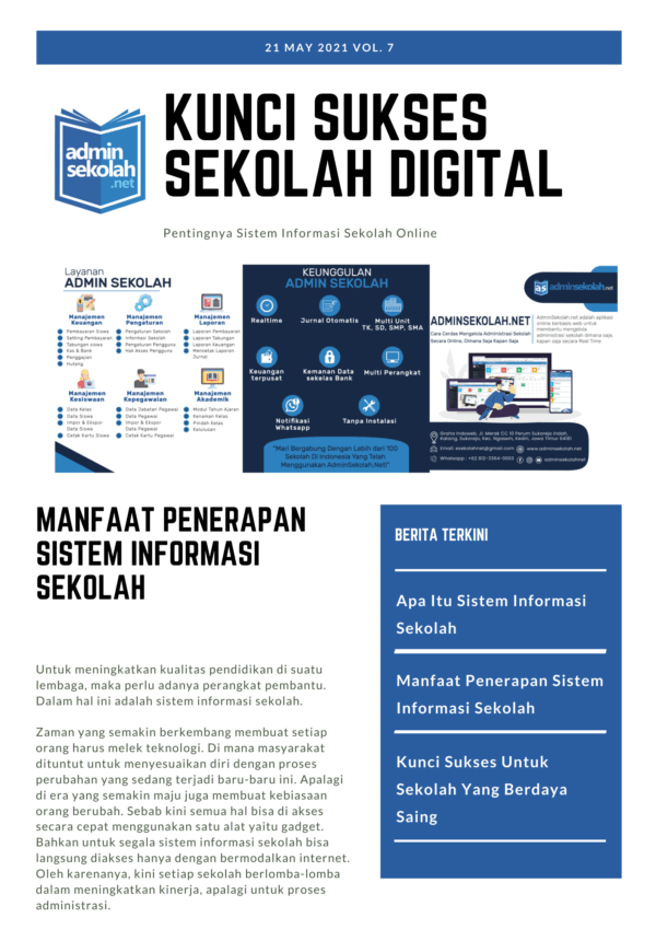 Pentingnya Sistem Informasi Sekolah Online Zaman yang semakin berkembang membuat setiap orang harus melek teknologi. Di mana masyarakat dituntut untuk menyesuaikan diri dengan proses perubahan yang sedang terjadi baru-baru ini. Apalagi di era yang semakin maju juga membuat kebiasaan orang berubah. Sebab kini semua hal bisa di akses secara cepat menggunakan satu alat yaitu gadget. Bahkan untuk segala sistem informasi sekolah bisa langsung diakses hanya dengan bermodalkan internet. Oleh karenanya, kini setiap sekolah berlomba-lomba dalam meningkatkan kinerja, apalagi untuk proses administrasi. . Apa Itu Sistem Informasi Sekolah Berbicara mengenai sistem informasi sekolah, ia merupakan alat yang mendukung untuk melakukan sebuah pengelolaan sekolah. Proses kelolanya bisa meliputi banyak hal, yaitu mulai dari pengorganisasian, pencatatan, perencanaan, melakukan koreksi, keuangan dan masih banyak lagi. Tujuan utama dari adanya sistem informasi sekolah adalah menunjang tercapainya sasaran serta tujuan operasional pendidikan. Sistem informasi sekolah online ini dapat terwujud jika lembaga memiliki standar kelayakan. Selain itu dibutuhkan pula sarana untuk mewujudkan sekolah yang modern dan berdaya saing. Karena setiap orang menginginkan kemudahan, jadi agaknya setiap sekolah harus mulai memiliki strategi baru. Apalagi jika itu berkaitan dengan administrasi. Untuk mewujudkan adanya sistem informasi sekolah yang baik, ada beberapa fasilitas yang harus dimiliki oleh sekolah tersebut, yaitu: 1.Adanya internet sekolah Untuk mewujudkan adanya sistem informasi sekolah yang baik maka diperlukan ketepatan akses. Sehingga ketika ada data baru, bisa langsung ditindaklanjuti. Oleh sebab itu harus ada jaringan internet yang memadai di sekolah tersebut. 2.Perangkat computer atau perangkat lainnya Yang kedua setelah tersedianya akses jaringan internet adalah adanya hardware atau perangkat yang akan digunakan. Karena bagaimana anda bisa mengakses suatu hal jika alat saja tidak punya. 3.Perangkat lunak Setelah hardware, maka piranti lunak atau software adalah komponen yang harus dimiliki selanjutnya. Oleh sebab itu penting memiliki software yang akan digunakan untuk mengolah informasi yang ada. Selain ketiga alat di atas, untuk memaksimalkan performa sistem informasi sekolah. Maka perlu pelaku yang akan mengerjakannya. Di sini yang dimaksud adalah staff ahli atau guru yang bisa secara real time mengakses sistem. . Manfaat Penerapan Sistem Informasi Sekolah Untuk meningkatkan kualitas pendidikan di suatu lembaga, maka perlu adanya perangkat pembantu. Dalam hal ini adalah sistem informasi sekolah. Beberapa manfaat yang akan didapatkan ketika lembaga menerapkan sistem ini adalah: 1. Membuat laporan kehadiran menjadi semakin mudah Keuntungan dari lembaga maupun sekolah yang menerapkan kecanggihan teknologi berupa sistem informasi online adalah kemudahan dalam membuat laporan. Di mana sistem yang berkerja memungkinkan pelapor untuk menyimpan data sebanyak yang ia mau dengan proses yang singkat. Sistem informasi sekolah dapat membuat berbagai data setelah diberikan input. Beberapa data tersebut meliputi kehadiran siswa, guru, dan lain sebagainya. Selain itu, sistem juga bisa dikoneksikan dengan nomor telepon yang aktif atau melalui whatsapp. Dengan begini anda tidak perlu lagi tumpukan kertas dan pulpen untuk membuat laporan tertulis. 2. Pekerjaan rumah menjadi lebih efisien Selain untuk keperluan administrasi sekolah, sistem yang satu ini juga memudahkan siswa dalam mengunduh, mengunggah, mengerjakan berbagai pekerjaan rumah. Oleh karenanya sistem informasi sekolah didesain agar bisa diakses oleh anggota. Pengarsipan pun menjadi semakin mudah. 3. Ujian yang termanajemen Ketika ujian tiba, divisi penanggungjawab sering kali disibukkan dengan berbagai dokumen yang terkadang tersembunyi entah dimana. Belum lagi proses penilaian yang memerlukan banyak waktu. Untuk itu sistem informasi sekolah juga memuat berbagai dokumen seperti nilai raport, ujian harian, ujian akhir. Sehingga para wali murid pun bisa dengan mudah menerima informasi melalui gadget mereka. 4. Rekap pembayaran mudah Segala hal yang bisa dilakukan dengan online memang banyak menjadi pilihan. Tidak terkecuali sistem pembayaran sekolah. Kini, dengan adanya sistem informasi sekolah online. Setiap pembayaran bisa dilakukan dengan mudah di rumah saja. Pembayaran juga akan terekap secara otomatis ke dalam sistem. Sehingga proses administrasi menjadi lebih terperinci. Beberapa kelebihan lainnya adalah mudahnya akses bagi orang tua, komunikasi menjadi lebih efektif, dan inventaris yang menjadi semakin mudah. . Cara Tepat Melindungi Sistem Informasi Sekolah Melindungi data dari jangkauan orang asing memang sangat diperlukan. Oleh karenanya perlu adanya sistem keamanan yang melindungi sekolah dari kebocoran data. Berikut beberappa cara untuk melindungi sistem informasi sekolah. 1. Menggunakan password Hal paling mudah yang bisa dilakukan untuk melindungi data dari peretasan adalah dengan melengkapinya menggunakan password. Meski begitu anda tetap harus menggunakan password yang sulit ditebak oleh hacker. Biasanya anda akan dianjurkan untuk menggunakan password kombinasi antara huruf besar, huruf kecil, dan angka. 2. Proteksi email dan hindari email asing Tanda peretasan dapat diketahui dari adanya email yang masuk. Terutama untuk email yang tidak jelas sumber dan isinya. Untuk itu jangan sampai anda asal klik tombol tanpa tahu asal-usulnya terlebih dahulu. Pasalnya jika email tersebut ternyata berisi virus, maka data sekolah anda bisa jadi bisa diretas oleh orang asing. 3. Perbarui software Selain menggunakan antivirus terpercaya, untuk bisa melindungi sistem informasi sekolah anda juga dianjurkan untuk melakukan update software. Jika antivirus membuat komputer aman, maka perbaruan software akan mengamankan file anda. software sekolah yang bagus akan selalu memberikan update terbarunya. . Kunci Sukses Untuk Sekolah Yang Berdaya Saing  Memiliki perencanaan yang matang Sebelum anda memutuskan untuk menggunakan sistem informasi sekolah online, hal pertama yang harus direncanakan adalah siapa yang akan mengoperasikannya. Selanjutnya berapa biaya yang dibutuhkan, serta seperti apa prosedurnya. Perencanaan tersebut juga berupa manfaat apa yang didapat ketika sistem informasi sekolah online berhasil dijalankan.  Perencanaan pengembangan yang jelas Setiap sekolah memiliki visi dan misinya masing-masing. Terwujudnya tujuan lembaga tersebut selain didasari dengan perencanaan yang matang, juga harus mengevaluasi. Di mana rencana pengembangan jelas.  Mengetes sistem Jika anda menggunakan sistem informasi sekolah maka ujilah terlebih dahulu dengan UAT. Uji ini akan membuat anda tahu fitur manakah yang sekiranya tidak dibutuhkan oleh sekolah. Setelah berbagai ulasan di atas, kita mulai tahu bahwa sistem informasi sekolah yang dijalankan secara online sangat membantu. Di mana baik pendidik, peserta didik mapun wali murid bisa tahu perkembangan yang terjadi di sekolah. Selain itu bagi yang ingin menggunakan sistem informasi sekolah online bisa kunjungi website adminsekolah.net Anda bisa konsultasi terlebih dahulu untuk pelaksanaan lebih lanjut. Dengan menggunakan sistem tersebut anda bisa langsung terkoneksi tanpa harus install aplikasi lebih dulu. Pekerjaan manajemen menjadi semakin mudah. Pelaporan keuangan terkondisi dan terperinci. Bagaimana? Tertarik menggunakan adminsekolah.net ? Jika iya, maka anda sudah selangkah lebih maju dalam penggunaan sistem digital. Manfaatkan teknologi untuk pengembangan, agar sekolah lebih maju dan modern.