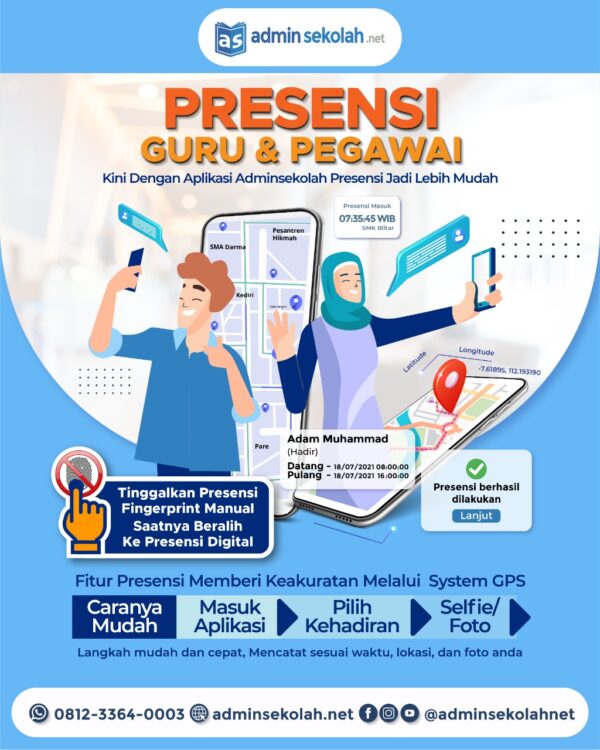 Fitur Terbaru ! Presensi Online Guru & Pegawai (Via GPS & Selfie) ! Kini dengan AdminSekolah presensi jadi lebih mudah. Para Guru cukup melakukan presensi dengan dengan selfie dan otomatis terhubung dengan sistem GPS. Kenapa harus presensi online AdminSekolah ? - Mencegah penularan virus berbahaya (covid dll) - Memberi keakuratan melalui sistem GPS - Presensi melalui gadget masing-masing - Cek in-cek out jam kerja terpantau - Akses data kehadiran real time (sesuai waktu, lokasi dan foto) - Langkahnya mudah dan cepat, tinggal masuk aplikasi -> pilih kehadiran -> selfie/foto Tinggalkan sistem presensi fingerprint anda, saatnya beralih ke presensi online AdminSekolah :) Other Info : - Website : AdminSekolah.net - FP | IG | YT : @AdminSekolah AdminSekolah | Kelola Administrasi Sekolah Jadi Lebih Mudah